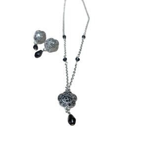 Premier Designs Silver Black Pave Floral Necklace Drop Earring Set